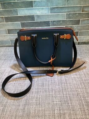 BOSTANTEN Navy and Brown Leather Satchel